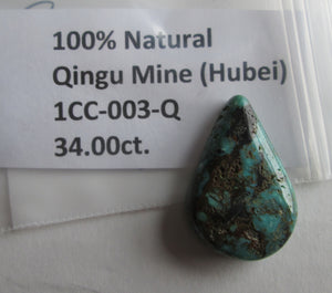 34.00 ct. (30x20x7 mm) 100% Natural Qingu Mine (Hubei) Turquoise Cabochon Gemstone, # 1CC 003