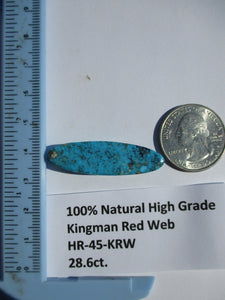 28.6 ct. (39x11.5x7.5 mm) 100% Natural High Grade Kingman Red Web Turquoise Cabochon Gemstone, # HR 45