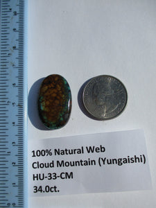 34.0 ct. (29.5x18x7 mm) 100% Natural Web Cloud Mountain (Hubei) Turquoise Cabochon Gemstone, # HU 33